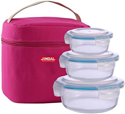 Jindal Microwaveable Borosilicate Glass 400,650 &amp; 950Ml Round Container With Plastic Lid &amp; Pink Lunch Bag