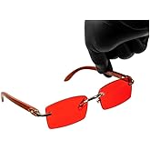Rimless Gold Frame Vintage Designer Buffs Woodgrain Arm Red Lens Sun Glasses Unisex Hip Hop Rectangle Sunglasses For Men Women Square Retro 90s Old School Gangster Frameless Shades