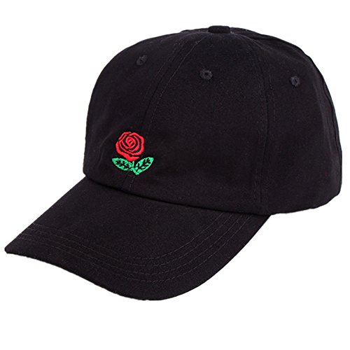 Unisex Rose Embroidered Adjustable Strapback Dad Hat Baseball Cap (Black-Rose)