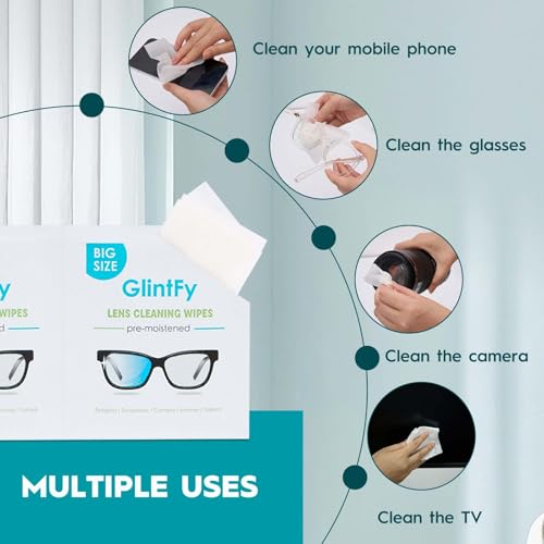 GlintFy Lens Wipes for Eyeglasses, Lens Wipes 15×13cm–400 Count(Pre-moistened Indepently Packaged, Anti-Static Microfiber,Safe,Scratch Free,Suitable for Eyeglass,Sunglasses,Camera,Goggle,Phone,Tablet)