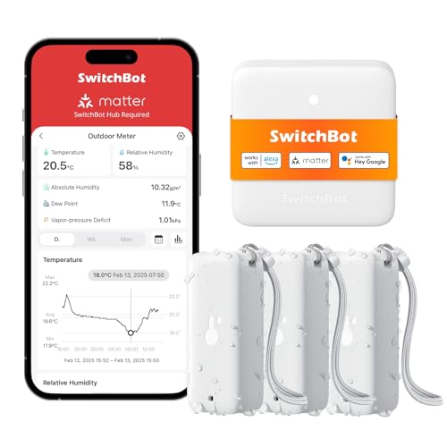 SwitchBot WLAN Hygrometer Thermometer Innen Außen 3er-Pack mit Hub Mini Matter, IP65 Wasserdichter Temperatur- und Feuchtigkeitssensor mit App Benachr
