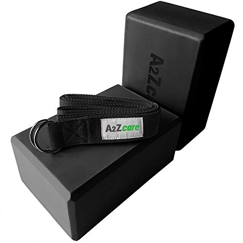 A2ZCARE Yoga Blocks (Set of 2) and Yoga Strap Set with D-Ring – Yoga Foam Block 9x6x4 inch and Yoga Stretching Strap (Black)