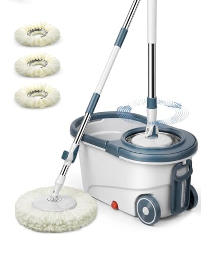 Spin Mop & Bucket Set - 360° Self-Wringing System with Wheels, Stainless Steel Handle - Hands-Free Floor Cleaning for Hardwood, Tile, Laminate - Includes 3 Washable Microfiber Mop Head Refills