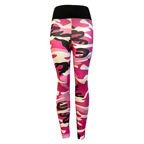 Paymenow Women's Camouflage Ruffled Yoga Pants Leggings Exercise Workout Pants Tummy Control Gym Tights (L, Hot Pink)
