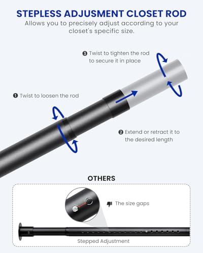 Supforce Closet Rods for Hanging Clothes, 17 to 84 Inches Stepless Adjustable Metal Closet Rod, 1.3 Inches Heavy Duty Clothes Hanging Rod for Closet Wardrobes Laundry RV, Black