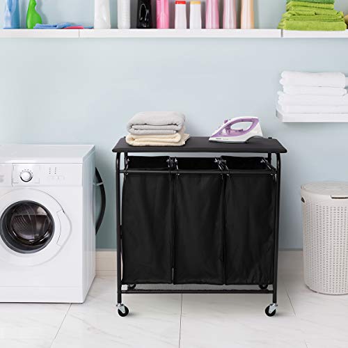 HollyHOME 3 Section Rolling Laundry Sorter Cart with Ironing Board 240l