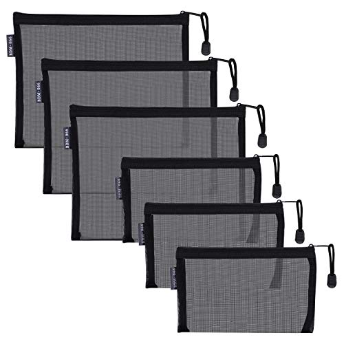HRX Package Nylon Mesh Cosmetic Zipper Bags, 6PCS Black Makeup Pouches Pen Pencil Organizer Case for Travel Purse Diaper Bag (A5 x 3pcs, A6 x 3pcs)