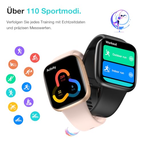 Smartwatch Women Men, 1.85 Inch AMOLED Touch Screen, Fitness Tracker with Bluetooth Calls & AI, Heart Rate, SpO2, Sleep & Women's Cycle Tracking, 100+ Sports Modes, 3ATM Waterproof for iOS & Android