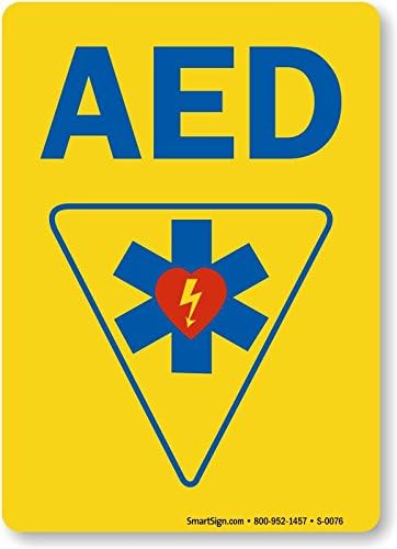 AED (with graphic) (blue on yellow), Adhesive Signs and Labels, 10" x 7"