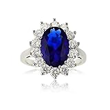 Sterling Silver Oval Blue Sapphire and CZ Princess Diana/Kate Middleton Ring