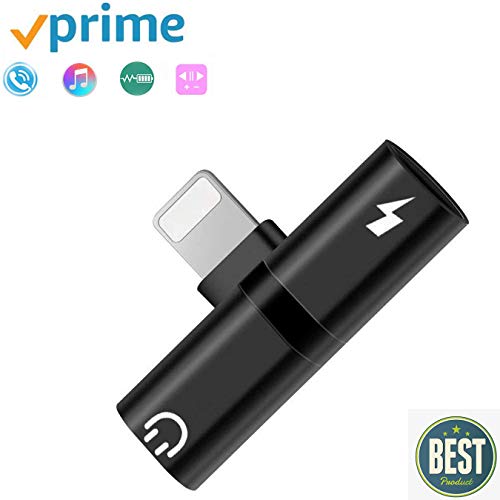 Headphone Jack Adapter for iPhone 7/7Plus/8/8Plus/X/XS/XR/XS Max, 2 in1 Headset Charger Dual Splitters Cables Accessories, AUX Audio Convertor Earphone Dongle Connector Earbud Adapter Black