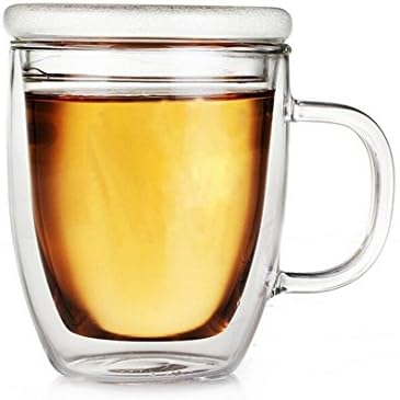 Handmade Ultra Clear Double Wall Insulated Glass Espresso Coffee Cup Thermo Glass Pitcher Heat Resistant Double Layer Juice Coffee Milk Tea Glasses Cups with Lid 14oz/400ml