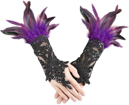 Guantes Largos De Malla Gótica Con Plumas, Sin Dedos, Para Mujer, Ajustables Y Versátiles, Ideales Para Halloween Y Bodas