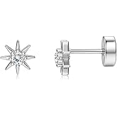 20g Cute CZ Sun Flat Screw Back Small Stud Earrings for Women Men Stainless Steel Silver/Gold Plated Minimalist Crystal Cartilage Tragus Piercings Sleeper Studs Hypoallergenic Fashion Jewelry for Daughter