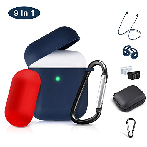 Airpods Case Cover, 2019 Newest Airpod Silicone Case Full Protective Cover Skin 9 in 1 Airpods Accessories for Apple Airpods 1 & 2 Wireless Charging Case, RTAKO Blue Airpods Cover(Front LED Visible)