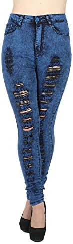XH9002W - High Waist Color Acid Wash Skinny Distressed Ripped Destroyed Jeans in Blue Size 9