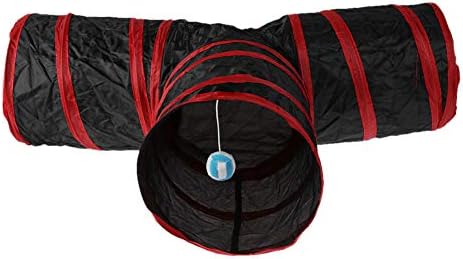 Yaoyodd19 T-Shape Pet Animal Cat Dog Small Animal 3-Way-Out Tunnel Tube Hideout Playing Folding Nest Toy with Ball Red
