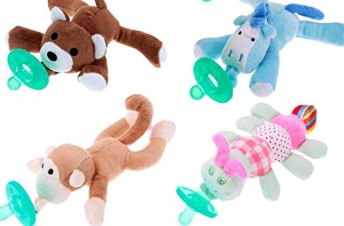Animal Pacifier 2 Pack, Pacifier With Toy To Fascinate Baby, Bear &amp; Dragon for Boys, Monkey &amp; Caterpillar for Girls (Boy)