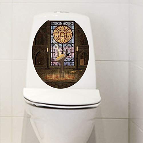 Toilet Cover Decoration,Gothic,Lectern on Pentagram Symbol Medieval Architecture Candlelight in Dark Spell Altar,Olive Green Mustard,3D Printing,W12.6"xH14.9"