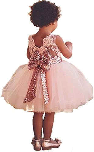 BKSKK Newborn Toddler Baby Girls Sequins Bowknot Floral Princess Flower Girl Dresses (4T, Pink)