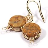 Genuine Natural Gemstone Wire Wrap Dangle Drop Earrings 14K Gold Plated 925 Sterling Silver Hook/Yellow Agate Round 10mm