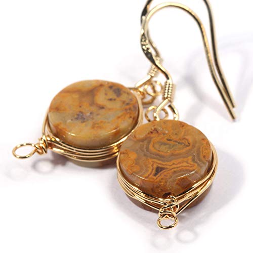 Natural Stone Wire Wrap Dangle Drop Earrings Gold Plated 925 Sterling Silver Hook/Crazy Lace Agate 10mm