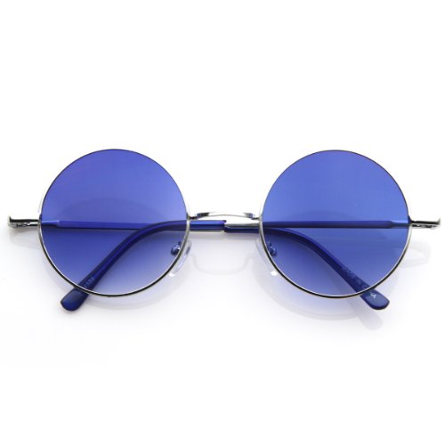 zeroUV - Lennon Style Round Circle Metal Sunglasses w/Color Lens Tint (Silver Blue)