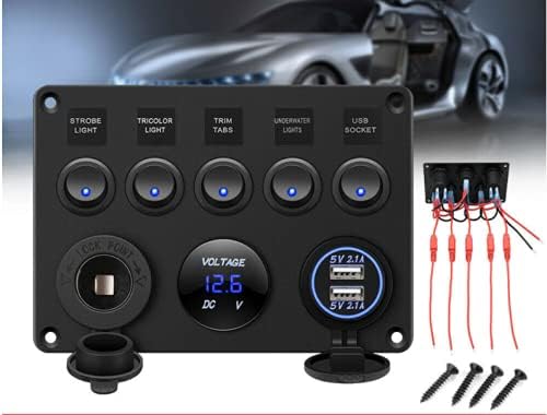 スイッチパネル 防水 車 船 マリン ロッカー 切り替え Led回路 ロッカーパネル On Offスイッチ Led電圧計付 電源ソケット Usbソケット デュアル Usbチャージャー 点煙器スイッチ 付き Dc12 24v 船舶用品 5連