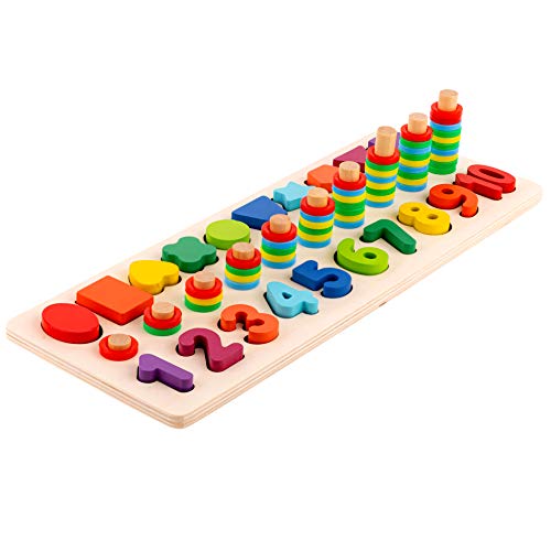 Toy To Enjoy Wooden Number Puzzle with Rings & Shapes - Stacking Montessori Sorting Toy for Early Learning - for Age 3 to 5 Kids & Toddlers - Chunky Jigsaw Pegboard - Number Learning Board Toys - Thumbnail 6
