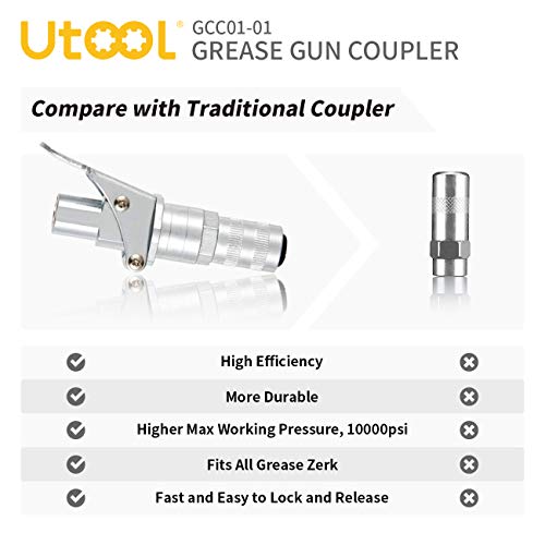 UTOOL Grease Gun Coupler, Grease Gun Tips Fast to Lock and Release, Heavy Duty 10000 PSI Grease Fitting 1/8'' NPT Fits All Types of Grease Gun