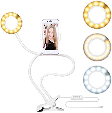 GUDUO Table Desk Lamp with Usb Selfie Led Ring Light in Different Colors Flexible Metal Stand for Iphone 4s 5 5s 6 6s 7 7s 8 Mobile Phone Picture Video Clip Holder (White)