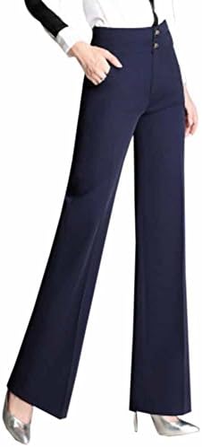 Women Casual Wide Leg Pants Autumn Loose Trousers High Waist Buttons Office Pants Blue XXL