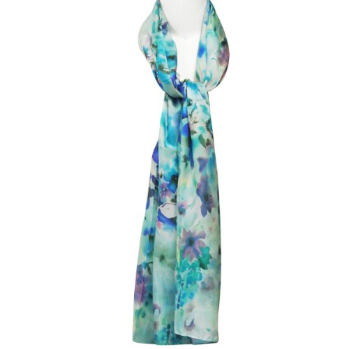 Wrapables Luxurious 100% Charmeuse Silk Long Scarf, Dreamy Blue Flora