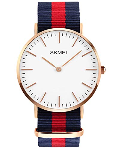 BuryTonyRose-Gold Fashion Minimalist Analog Wrist Watch Waterproof Business Casual Quartz Watch with Navy Blue Red Nylon Strap