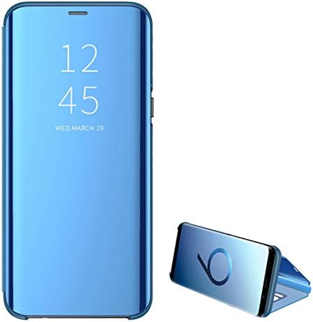 for Samsung Galaxy A60| A50 Mirror S-View Flip Case Leather and Plating PC Full Body Protective Cover with Kickstand (A50, Blue)