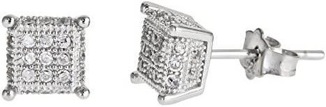 SQUARE SHAPE 925 SILVER 14K WHITE PLATED 3D WHITE C.Z STONES ON ALL SIDES STUD EARRINGS MEN 6MM PUSH BACK