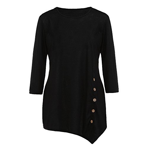 iLH Lightning Deals Tunic Top,ZYooh Women 3/4 Sleeve Loose Button Trim Blouse Solid Color Round Neck Blouse T-Shirt (Black, L)