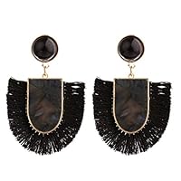 Outeck Bohemian Earrings for Women Geometric Straw Wicker Braid Large Rattan Dangle Earrings Vintage Jewelry (Black)