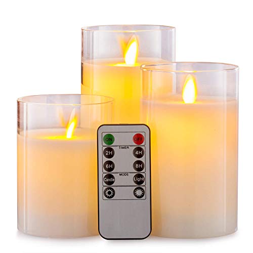 Aku Tonpa Flameless Candles Battery Operated Pillar Real Wax LED Glass Candle Sets with Remote Control Cycling 24 Hours Timer, 4" 5" 6" Pack of 3