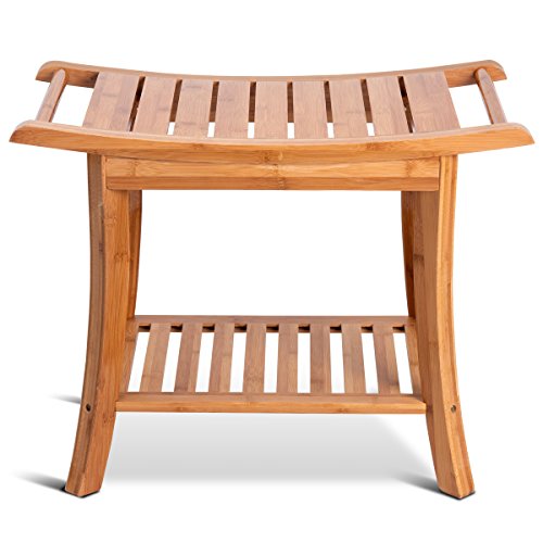 Giantex 24" Bamboo Bathroom Shower Bench with Storage Shelf Wood Indoor Bathing Bench Spa Bath Seat Bench Stool Modern Outdoor Waterproof Shower Bench