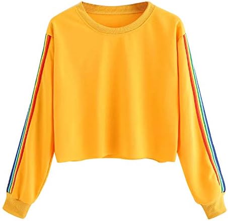 Yusealia Clearance Womens Sweatshirts Long Sleeve Rainbow Patchwork Casual Womens Tops Clothes Tunic Blouse T Shirts Pullover Clubwear Outwear Jumper for Ladies Teen Girls