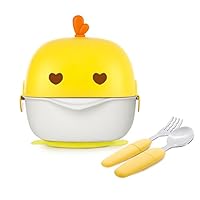 Baby Mate Suction Bowl for Toddlers with Fork & Spoon Set (13oz/380ml, Yellow & White) - Stainless Steel Suction Bowls Keep Food Warm and Cool - Toddler Bowls Baby Feeding Set Travel Case Utensils SB3