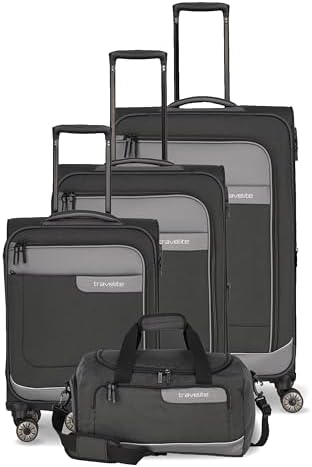 4-Rad Koffer Set Weichschale aus recyceltem Material, Größen L/M/S + Reisetasche, Gepäck Serie VIIA: Trolley Set mit Handgepäck im IATA Bordgepäck Maß
