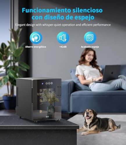 WIE Vinoteca Pequeña 6 Botellas - Mini Frigorífico con Puerta de Cristal 4–16°C, Enfriador de Vino con LED, Panel Táctil, 3 Niveles, <42 dB, para Casa, Bar, Dormitorio