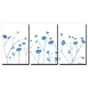 3 Panel Canvas Wall Art - Small Blue Flowers on White Background - Giclee Print Gallery Wrap Modern Home Art Ready to Hang - 16"x24" x 3 Panels