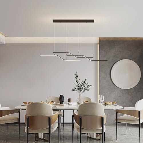 Siittoo Moderna lámpara colgante negra, lámpara de araña LED regulable de 45 W con control remoto, lámpara colgante lineal de 3 ondas de luz para comedor, cocina, isla de restaurante (52 pulgadas)