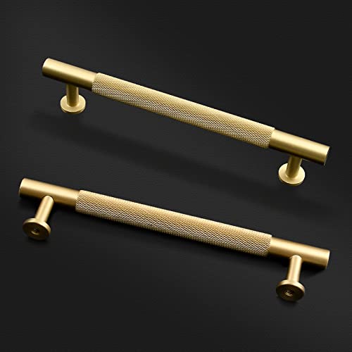 SNBTLA Brass Drawer Cabinet Pulls, Brushed Gold Handles Hardware for Dresser Kitchen Bedroom Bathroom  (2 Pack, 5 inch(128mm) Hole Centers)