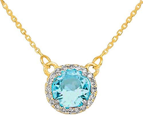 14k Yellow Gold Diamond-Accented Natural Aquamarine Solitaire Necklace with Dainty 16" Chain