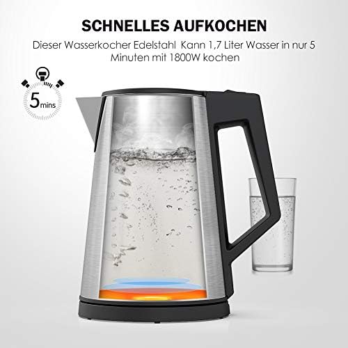 HOMEVER Bouilloire Électrique, INOX 1.7L Ébullition Rapide pour Le Thé, Acier Inoxydable,Arrêt Automatique, Bouilloire sans BPA, Protection Anti-ébullition à Sec,1800W[Classe Énergétique A+++]