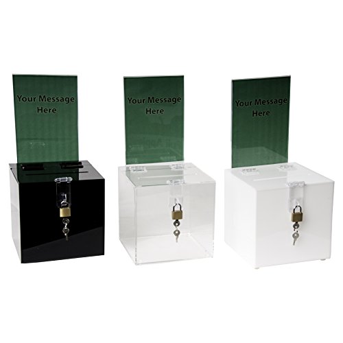 Clear-Ad - Acrylic Donation, Ballot, Raffle or Suggestion Box with Lock and Removable Sign Holder - Plastic Comment or Compaint Container - Plexiglass Multipurpose Box with Slot - White (10x10)